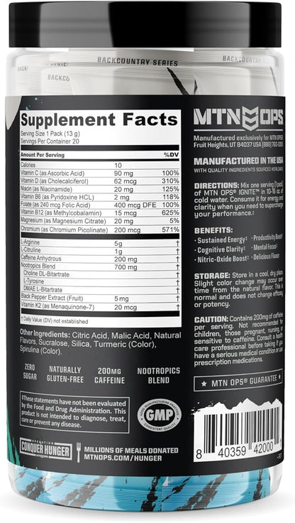 MTN OPS Ignite Trail Packs Energy Drink Powder, Gluten Free Nootropic Supplement Drink Mix, L Arginine, L Citrulline, Caffeine & Nootropic Sugar Free Drink Mix, 20 Servings, Hush Summit Surge
