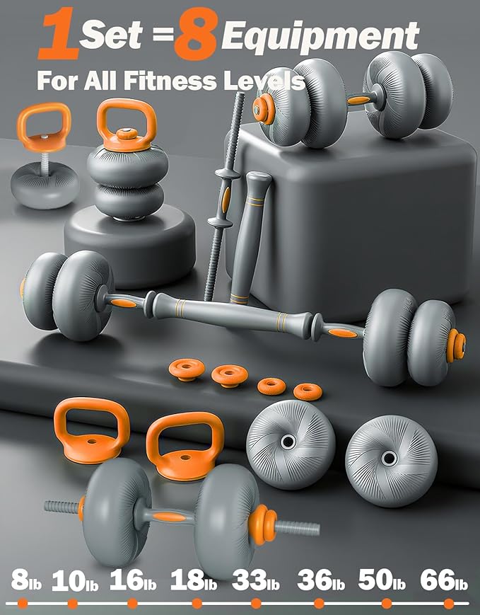 Fitarc Soft Adjustable Dumbbells 44/66/88 lbs Floor Friendly, 4-in-1 Free Weights Set with Barbell & Kettlebell Function – Compact Strength Equipment for Home Gym, Apartment, Small Space Workout for Men & Women