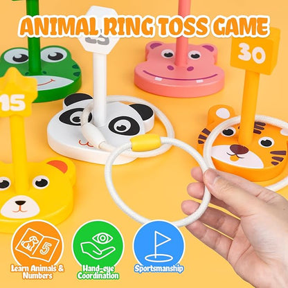 Wooden Ring Toss Game Set, Animal Ring Toss Game Toys, Fun Indoor & Outdoor Yard Game for Kids Adults - Lawn and Backyard Game for Family Birthday Party Easter Festivals Summer Beach Fun Activities