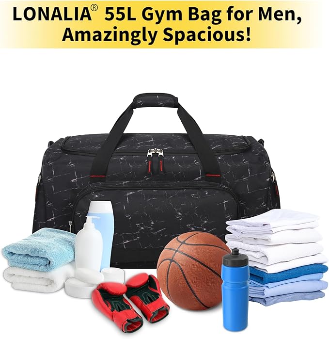 55L Large Gym Duffle Bag for Men - 22 inch Men's Sports Bag Heavy Duty Duffel Bag（Marble Black)