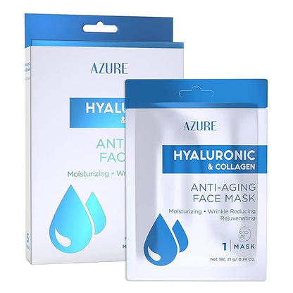 Azure Cosmetics Hyaluronic Acid & Collagen Anti Aging Sheet Facial Mask - Rejuvenating & Moisturizing Face - Helps Reduce Fine Lines & Wrinkles, Tightens & Smooths - Made in Korea - Pack of 5
