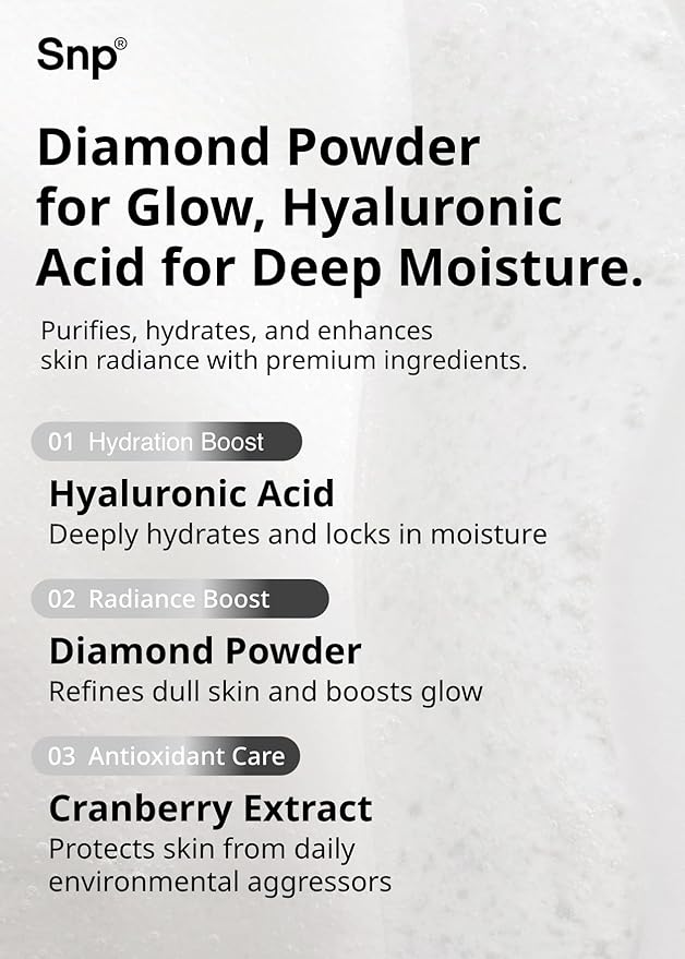 SNP 100% Diamond + 1000mg Hyaluronic Acid Sheet Mask | Tightening, Hydrating, and Nourishing with Real Diamonds for All Oily Skin Types | Korean Face Mask Skincare | Facial Moisturizing | 10 Sheets