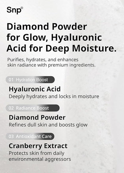 SNP 100% Diamond + 1000mg Hyaluronic Acid Sheet Mask | Tightening, Hydrating, and Nourishing with Real Diamonds for All Oily Skin Types | Korean Face Mask Skincare | Facial Moisturizing | 10 Sheets