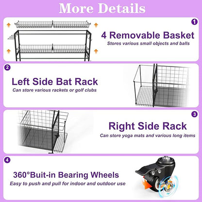 Sports Equipment Organizer, Outdoor Toy Storage - Garage Storage with 2 Side Racks & Removable Baskets, Heavy-Duty Garage Organization Ball Cart with Wheels for Sports