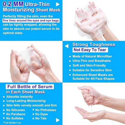 Collagen Face Mask with Hyaluronic Acid, Vitamin E Oil for Skin Care Hydrating, Moisturizing, Brightening & Anti Aging Face Masks Skincare for Oil, Dry, Acne, Sensitive All Skin Types 12PCS