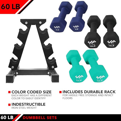 JFIT Dumbbell Pairs or Sets – Neoprene & Vinyl Coated Hand Weights for Home Gym, Strength Training, Aerobics, Cardio Exercise and Fitness