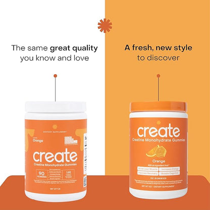 Create Creatine Monohydrate Gummies for Men & Women, Boost Focus, Strength, and Endurance, Anti-Melting Formula, Vegan, Gluten-Free, Non-GMO, 1.5g of Creatine per Gummy (Orange, 90 ct)