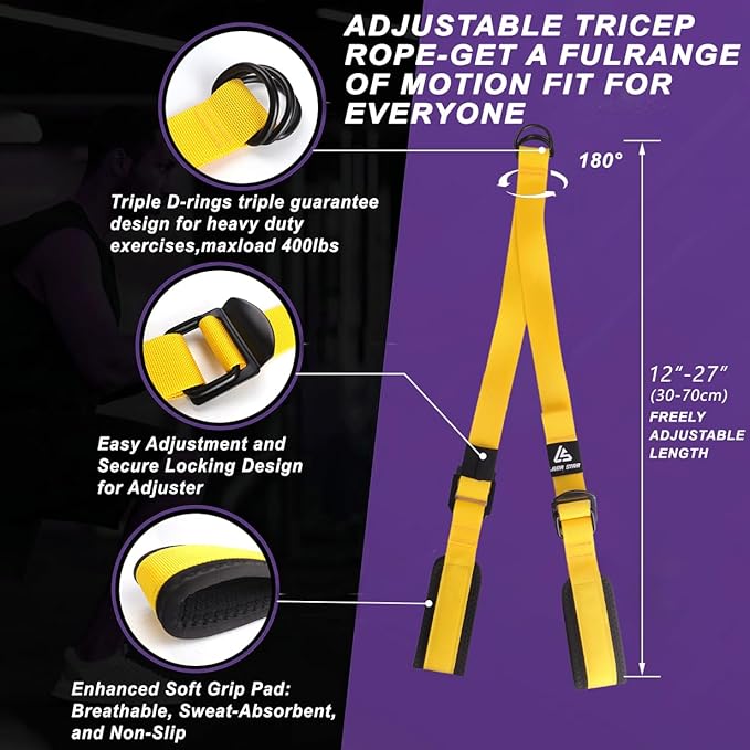 Tricep Rope Cable Attachment Adustable Length (24-54 Inch) ,Ideal Alternative for 27 36 48 Inch Long Tricep Ropes, Greater Range of Motion,Pull Down Rope Extension Straps Cable Crossover Accessories