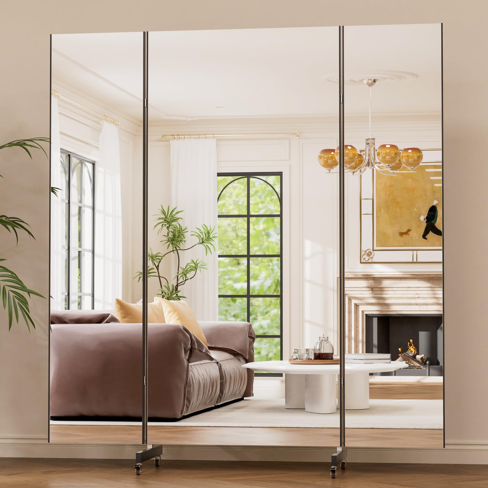 brisafe 67"x63" Folding Mirror with Wheels, 3-Panel Full Length Standing Mirror, Space-Saving