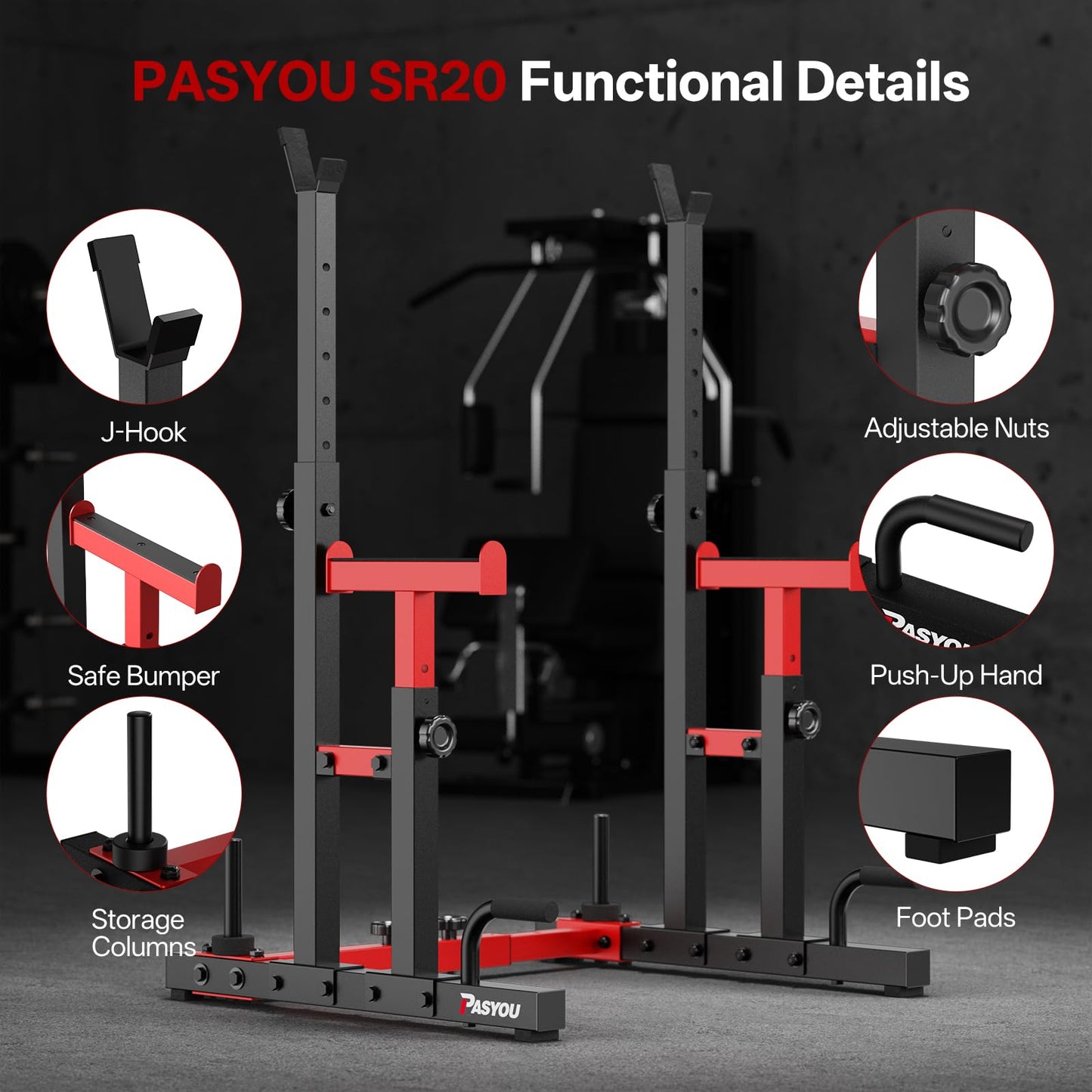 PASYOU Adjustable Squat Power Rack for Home Gym, Total 1200 LBS