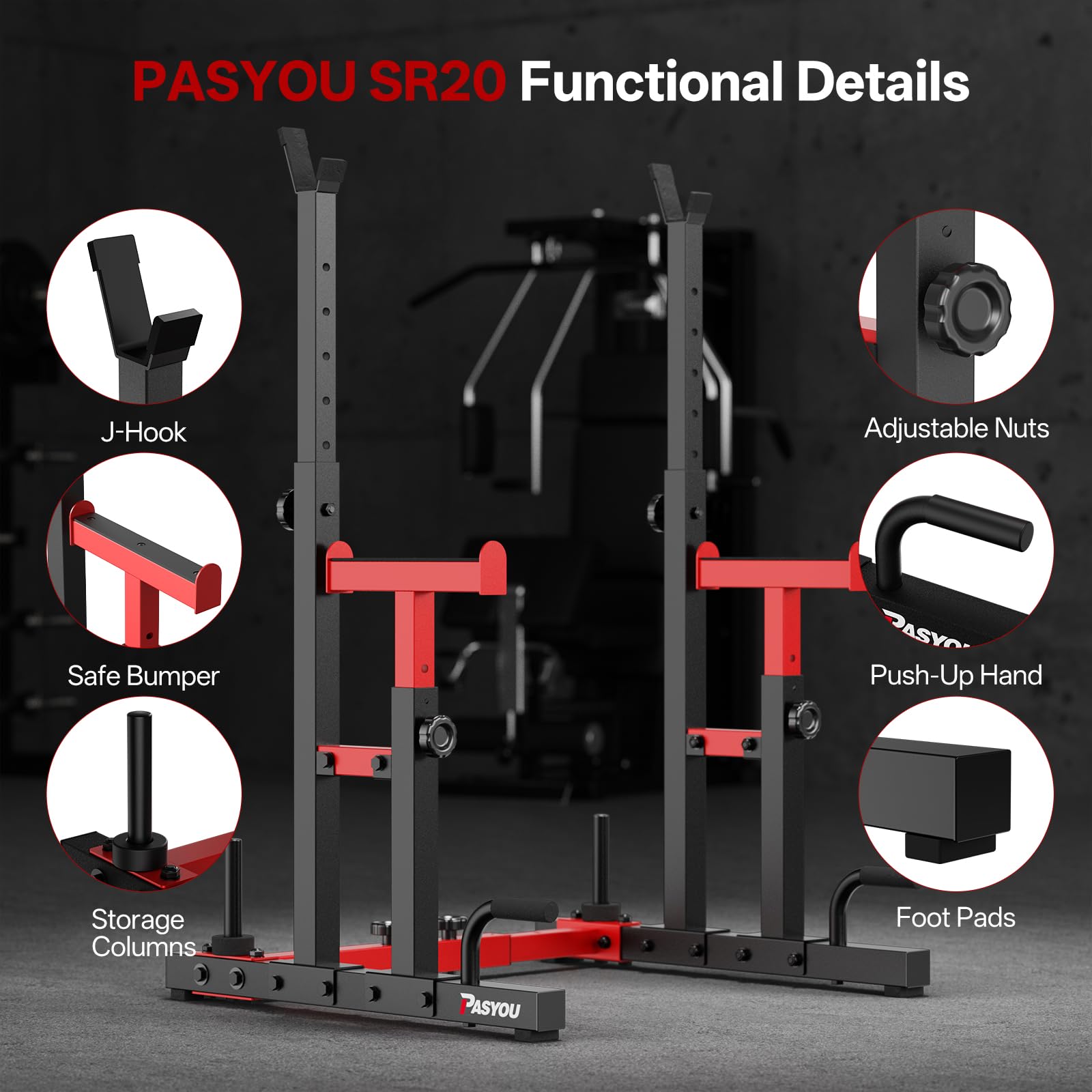 PASYOU Adjustable Squat Power Rack for Home Gym, Total 1200 LBS