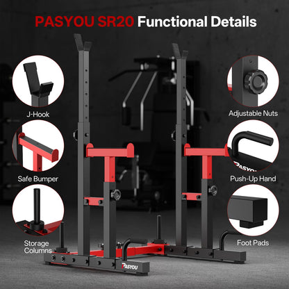 PASYOU Adjustable Squat Power Rack for Home Gym, Total 1200 LBS