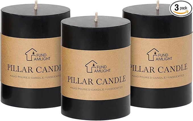 3x4 Inch Black Pillar Candles Set of 3 - Decorative Unscented Pillar Candles, Long Burning Dripless Candle for Home Decor, Smokeless Large Pillar Candle for Wedding, Dinner, Christmas, Halloween Decor