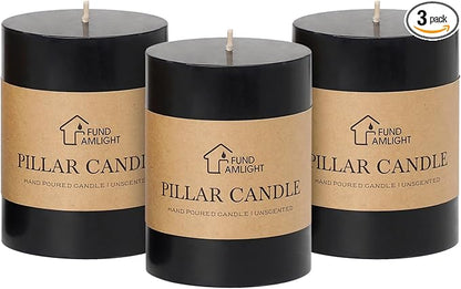 3x4 Inch Black Pillar Candles Set of 3 - Decorative Unscented Pillar Candles, Long Burning Dripless Candle for Home Decor, Smokeless Large Pillar Candle for Wedding, Dinner, Christmas, Halloween Decor