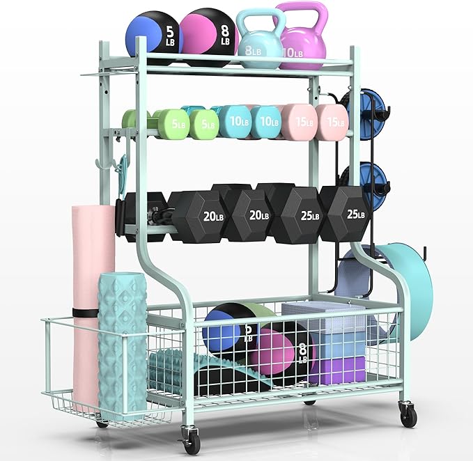PLKOW Dumbbell Rack, Weight Rack for Dumbbells, Home Gym Storage for Dumbbells Kettlebells Yoga Mat and Balls, All in One Workout Storage with Wheels and Hooks, Powder Coated Finish Steel
