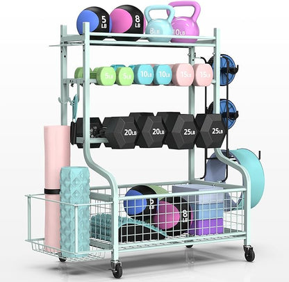 PLKOW Dumbbell Rack, Weight Rack for Dumbbells, Home Gym Storage for Dumbbells Kettlebells Yoga Mat and Balls, All in One Workout Storage with Wheels and Hooks, Powder Coated Finish Steel