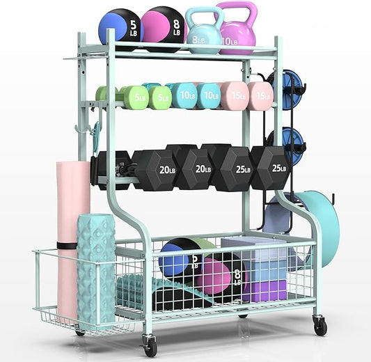 PLKOW Dumbbell Rack, Weight Rack for Dumbbells, Home Gym Storage for Dumbbells Kettlebells Yoga Mat and Balls, All in One Workout Storage with Wheels and Hooks, Powder Coated Finish Steel