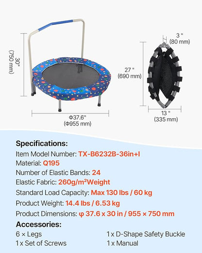 VEVOR 3FT Trampoline 36" Indoor/Outdoor for Toddlers, Foldable Mini Baby With Foam Handle, Recreational Birthday Gift