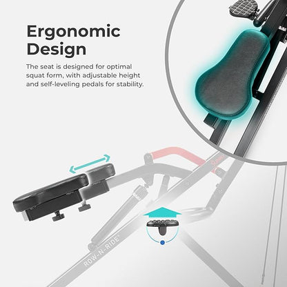 Sunny Health & Fitness Row-N-Ride PRO, Full Body Combo Squat Machine w/Optional Resistance Band, Easy Setup Ab Workout Exercise Equipment for Home, Whole Body Cardio, Optional SunnyFit App Connection