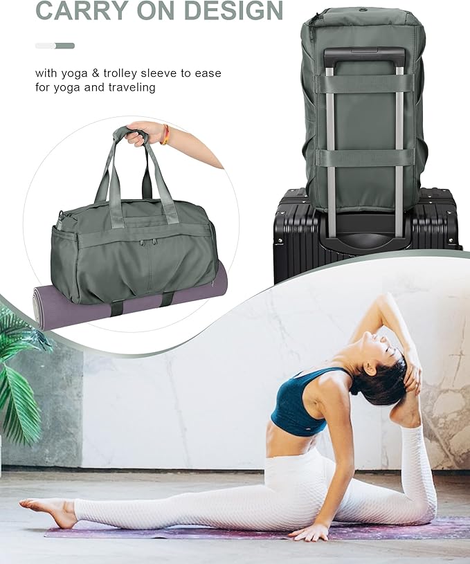 Gym Bag for Women Men, Sport Duffel Bag with Toiletry Bag & Shoe Compartment,Waterproof Travel Weekender Overnight Carry on Bag for Yoga with Trolley Sleeve, Green Set