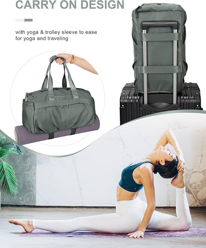Gym Bag for Women Men, Sport Duffel Bag with Toiletry Bag & Shoe Compartment,Waterproof Travel Weekender Overnight Carry on Bag for Yoga with Trolley Sleeve, Green Set