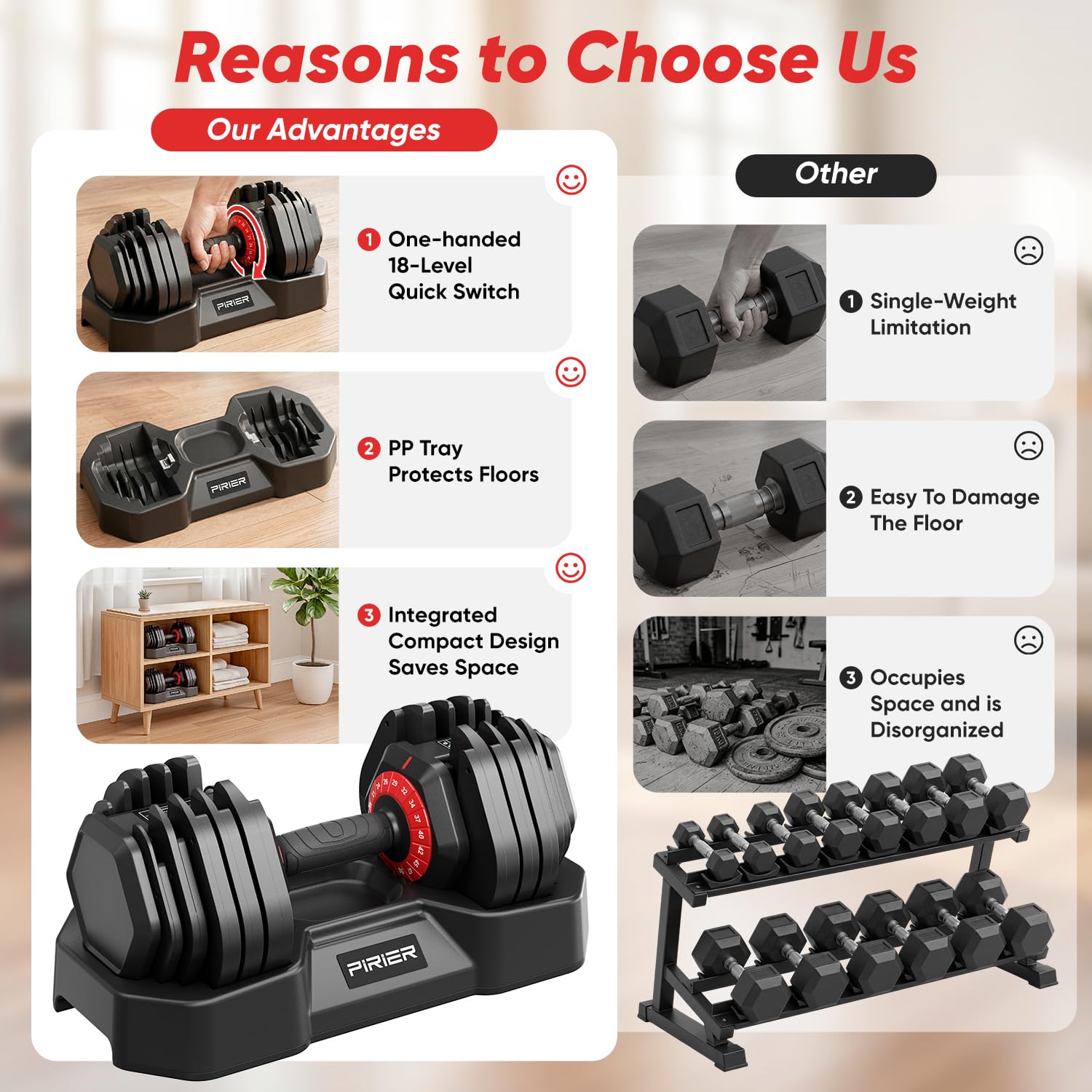 PIRIER Adjustable Dumbbell Set 50LB, 18-in-1 Free Weight Adjustable Dumbbells, One-Hand Twist