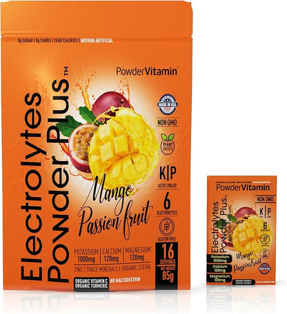 Electrolytes Powder Plus, Keto, Mango Passionfruit, Sugar Free, Pink Himalayan Salt, 1000mg Potassium, 120mg Calcium, 120mg Magnesium, Non-GMO, Zero Calories, (16 Hydration Packets)