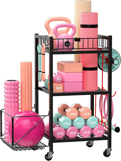 3-Tier Home Gym Storage Rack, Adjustable Yoga Mat Storage Rack, 250LBS Metal Workout Equipment Storage Cart with Large Basket & Lockable Wheels for Mats, Bands, Foam Rollers, Yoga Block (Rack Only)