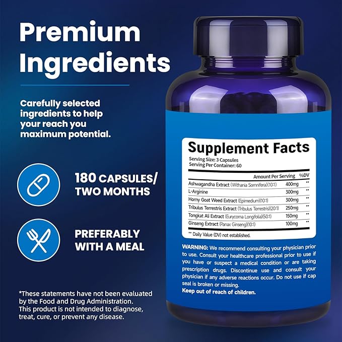 Testosterone Booster for Men with Ashwagandha, L-Arginine, Tongkat Ali, Tribulus, Natural Testosterone Supplement for Men Workout, Strength Booster, Performance and Building Muscle, 180 Capsules
