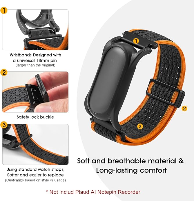Adjustable Smartwatch Soft Woven Nyon Wristband + Protective Case Base fits for PLAUD AI NotePin Recorder,Upgraded 18mm Pin Notepin Strap for Easy Band Replacement
