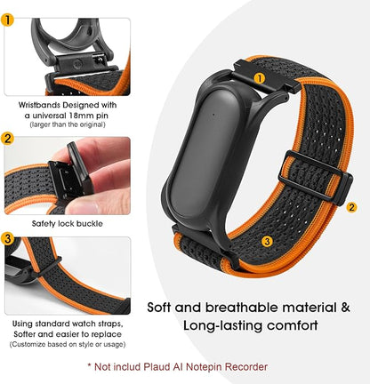 Adjustable Smartwatch Soft Woven Nyon Wristband + Protective Case Base fits for PLAUD AI NotePin Recorder,Upgraded 18mm Pin Notepin Strap for Easy Band Replacement