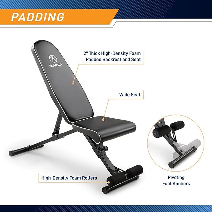 Marcy Foldable Adjustable Utility Weight Bench, Strength Training Home Gym for Full Body Workout