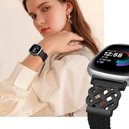Braided Band Compatible with Fitbit Versa 4 Bands for Woman/Versa 3/Sense 1/Sense 2 Band, Magnetic Clasp Fabric Nylon with Designer Interlock Buckle Straps for Fitbit Versa4/3/Sense1/2