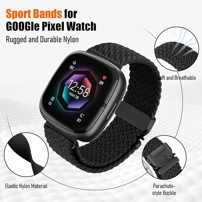 Braided Stretchy Band for Fitbit Versa 4/Versa 3/Sense 2/Sense Watch Band Women Men,Parachute-style Buckle Nylon Sport Wristband Soft Fabric Elastic Loop Strap Accessories for Versa 4/3