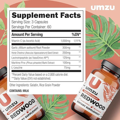 UMZU Redwood Nitric Oxide Booster, 3-Month Supply ??Nitric Oxide Supplement with Vitamin C, Garlic & Horse Chestnut ??Supports Healthy Circulation, Blood Flow, Energy, Stamina and Daily Vitality
