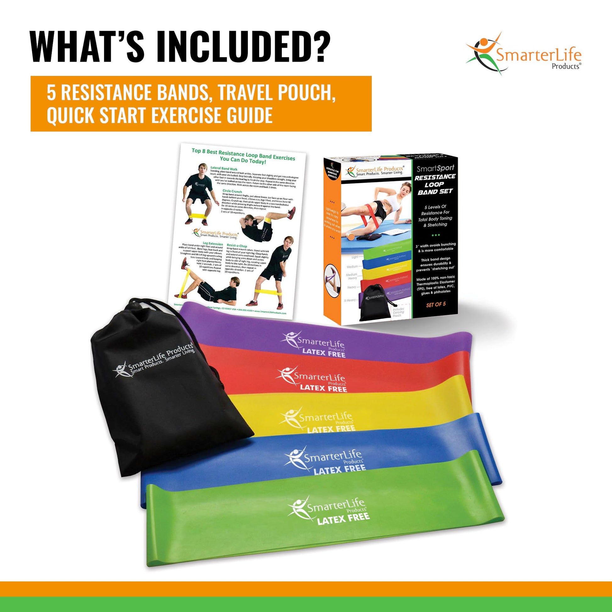 SmarterLife Resistance Bands Set of 5 Extra Wide Latex-Free Exercise Bands