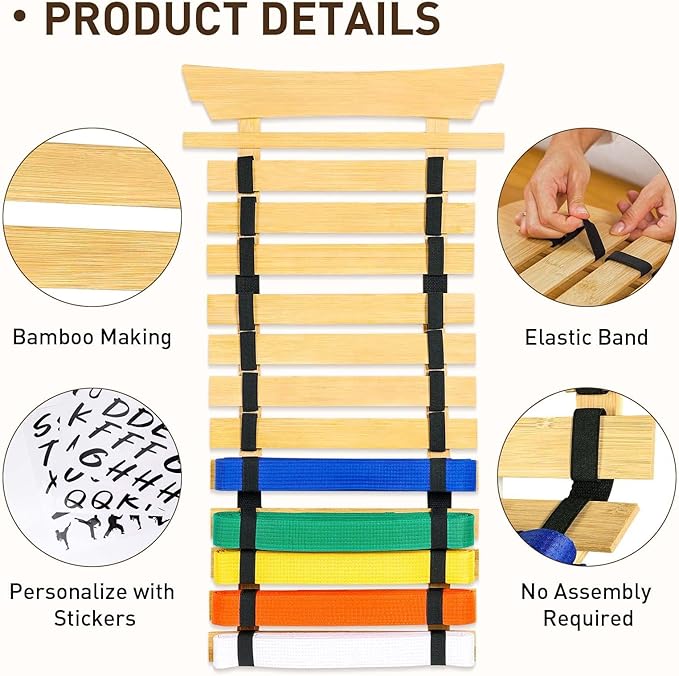 12 Belts Karate Belt Display Rack with Stickers, Martial Arts Belt Display Holder, Taekwondo Belt Jiu Jitsu Belt BJJ Belt Display Hanging Holder for Adults