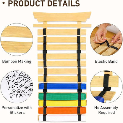12 Belts Karate Belt Display Rack with Stickers, Martial Arts Belt Display Holder, Taekwondo Belt Jiu Jitsu Belt BJJ Belt Display Hanging Holder for Adults