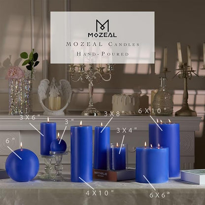 MOZEAL 4" x 12" Extra-Large Blue Pillar Candles (Set of 2), Unscented,Dripless, Smokeless,Long Clean-Burning,These Tall 12 inch Large Blue Pillar Candles Perfect for Weddings and Christmas Decor