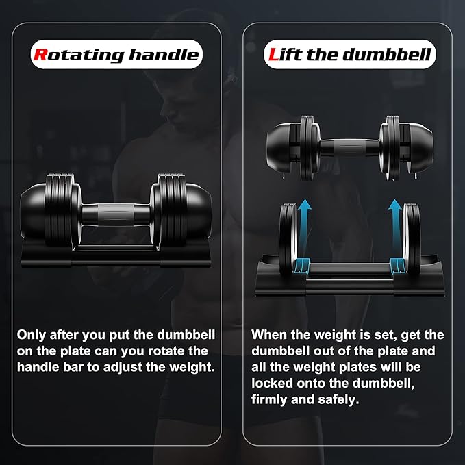 Adjustable Dumbbell,22LBS 44LBS 52LBS Dumbbell Set with Tray for Fitness, Fast Adjust Weight by Turning Anti-Slip Handle, Safety with 8 Lock Slots, Suitable for Men and Women