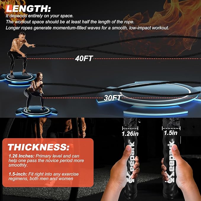 Battle Ropes for Home Gym, Exercise Rope 1.26/1.5inch, 30 40FT Heavy Battle Rope Weighted Battle Rope Training Heavy Rope for Workout Exercise