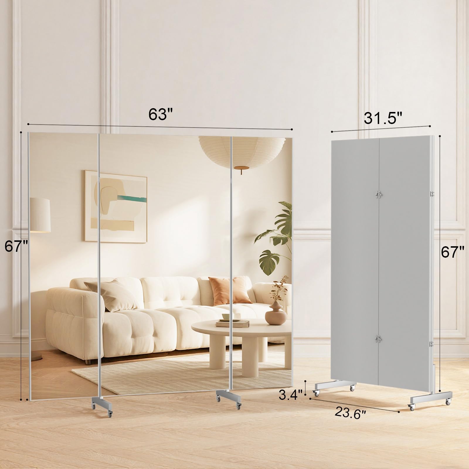 brisafe 67"x63" Folding Mirror with Wheels, 3-Panel Full Length Standing Mirror, Space-Saving