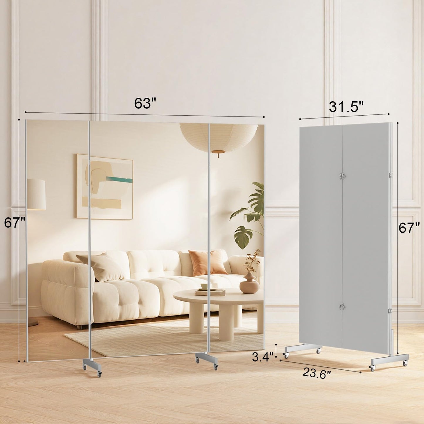 brisafe 67"x63" Folding Mirror with Wheels, 3-Panel Full Length Standing Mirror, Space-Saving