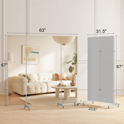 brisafe 67"x63" Folding Mirror with Wheels, 3-Panel Full Length Standing Mirror, Space-Saving
