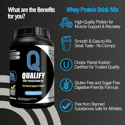 Unflavored Whey Protein Powder. Post Workout Recovery Drink, Gluten & Sugar Free, Highly Kosher, 25g Protein. Essential Amino Acids - 5.5g BCAA, 2.7g Leucine, 1.4g Isoleucine, 1.4g Valine 26.4 Ounce