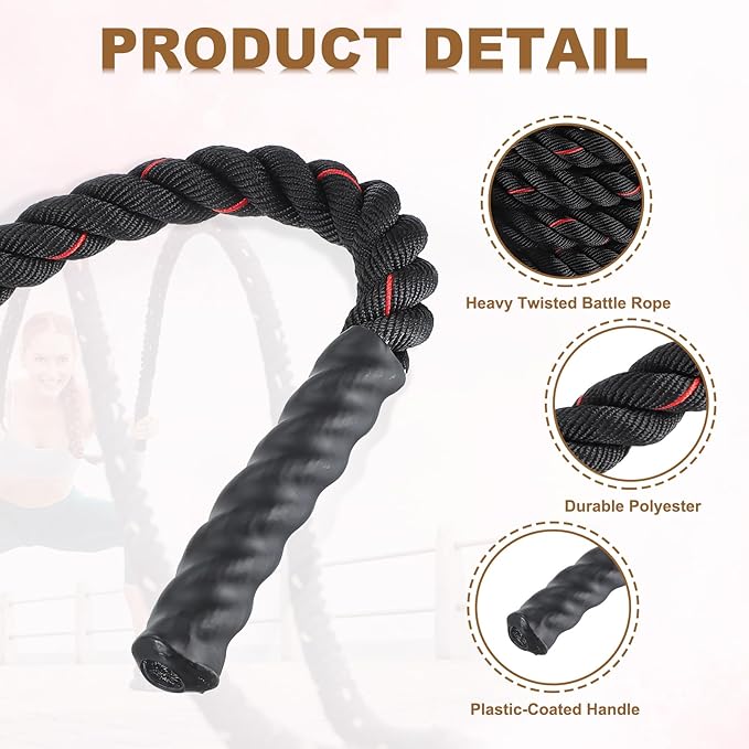 MECCANIXITY Battle Rope 50ft x 1.5 Inch Polyester Workout Rope Heavy Fitness Exercise Rope for Strength Training Home Gym Muscle Building, Black Red