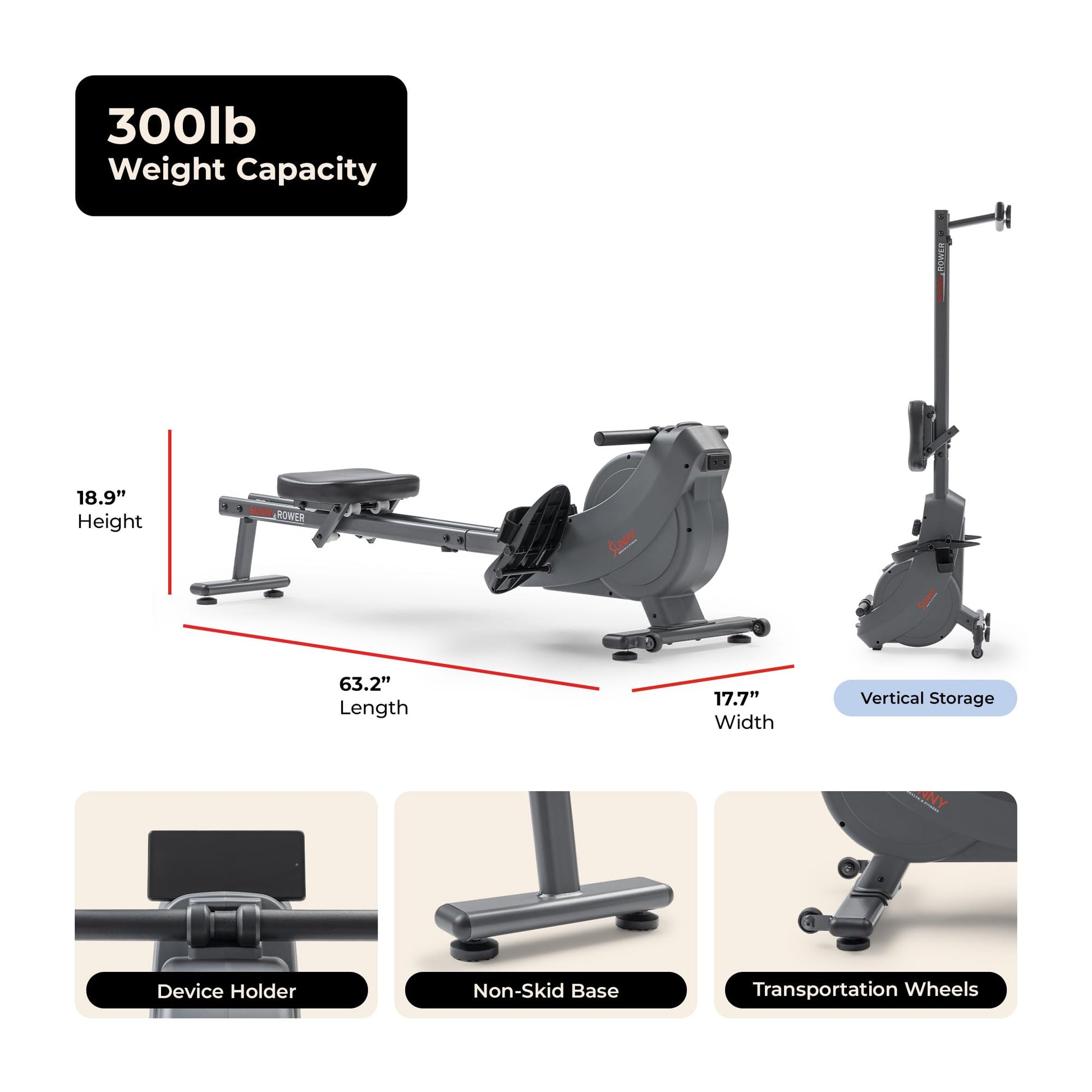 Sunny Health & Fitness Smart Magnetic Rower, Dual-Rail Home Rowing Machine