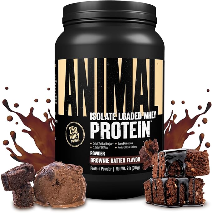 Animal Whey Isolate Protein Powder - Loaded for Pre & Post Workout Muscle Builder and Recovery with Digestive Enzymes for Men & Women - 25g Protein, Great Taste, Low Sugar - Brownie Batter 2 lbs