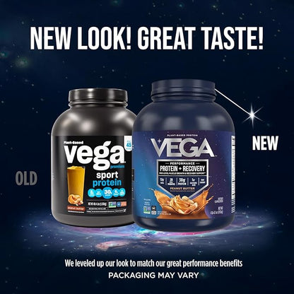 Vega Sport Vegan Protein Powder + Recovery - 30g Plant Based Protein per Serving, Peanut Butter, 45 Servings, 5g BCAAs, Probiotics, NSF Certified, For Shakes & Smoothies, 4.2lbs (Packaging May Vary)