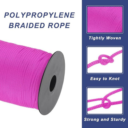 MECCANIXITY 1/8 Inch Polypropylene Rope Braided Ropes, 328ft Nylon Rope Hollow Utility Cord for Clothesline, Camping, Hiking, Outdoor, Rose Red